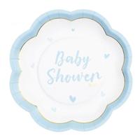 Feest/babyshower bordjes - geboorte - 8x - blauw - bloem vorm - papier/karton - 20 cm