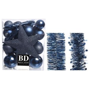 Kerstversiering kerstballen 5-6-8 cm met ster piek en folieslingers pakket donkerblauw van 35x stuks