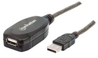 Manhattan USB-A naar USB-A verlengkabel, 10 m, mannelijk naar vrouwelijk, actief, 480 Mbps (USB 2.0), daisy-chainable, ingebouwde repeater, zwart, blister