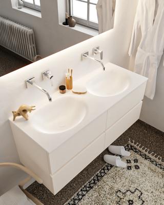 Mondiaz Vica 120cm badmeubel linen 4 lades wastafel Moon dubbel zonder kraangat Mondiaz Vica 120cm badmeubel linen 4 lades wastafel Moon dubbel zonder kraangat