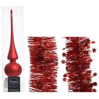 Kerstversiering glazen piek mat 26 cm en folieslingers pakket rood van 3x stuks