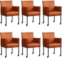 Set van 6 Cognac leren moderne kuipstoel More - poot rond zwart met wiel - Rancho Leer Cognac (cognac leer) - thumbnail