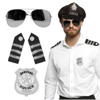 Carnaval verkleed set - politiepet - zwart - met epauletten/badge/zonnebril - heren/dames