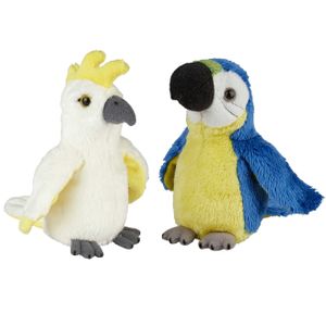 Tropische vogels pluche knuffels 2x stuks - Kaketoe en Papegaai van 15 cm