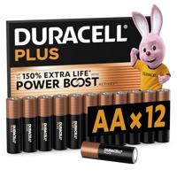 Duracell Plus AA-batterijen, 12 Stuks, Alkalinebatterijen 1,5V, Tot 150% Extra Levensduur met Power Boost-ingrediënten, Betrouwbaarheid voor Dagelijkse Apparaten, 0% Plastic Verpakking, MN1500