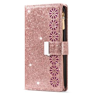 iPhone 13 hoesje - Bookcase - Koord - Pasjeshouder - Portemonnee - Glitter - Bloemenpatroon - Kunstleer - Rose Goud