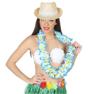 Hawaii thema party verkleedset - Strand strohoedje - bloemenkrans blauw/wit - Tropical toppers