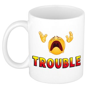 Trouble cadeau mok / beker wit met smiley - kado collega   -