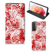 Mobiel BookCase Samsung Galaxy S21 Angel Skull Rood - thumbnail