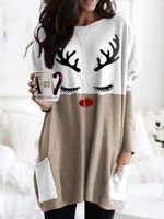 Vintage Long Sleeve Statement Elk Printed Paneled Casual Top - thumbnail