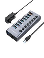 GRAUGEAR G-HUB71-A, 7-poorts USB 3.0 HUB-lader, extra 1x snellaadpoort, enkele aan/uit-schakelaar, aluminium, met 48W (12V/4A) voeding, grijs