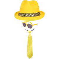 Carnaval verkleedset Men in Yellow - hoed/bril/stropdas - geel - heren/dames - verkleedkleding - thumbnail