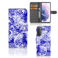 Telefoonhoesje met Naam Samsung Galaxy S21 Plus Angel Skull Blauw - thumbnail