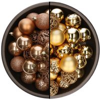 74x stuks kunststof kerstballen mix van camel bruin en goud 6 cm - thumbnail