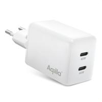 Aqiila USB oplader, 45W, USB-C Adapter, Snellader GaN, PD Power Delivery, 2x USB-C, 100-240V, compact Design, Chargebird W2 Wit