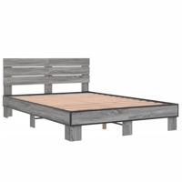 vidaXL Bedframe bewerkt hout metaal grijs sonoma eiken 135x190 cm, bed, bed ombouw, tweepersoonsbed, bedbodem, slaapkamermeubel, logeerbed