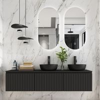 Fontana Stripe zwart badmeubel ribbelfront 180cm met zwarte waskommen en ovale LED spiegels - thumbnail