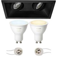 Pragmi Zano Pro - Inbouw Rechthoek Dubbel - Mat Zwart - Kantelbaar - 185x93mm - Philips Hue - Led Spot Set Gu10 - White