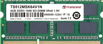 TS512MSK64V1N - Geheugen - DDR3 (SO-DIMM) - 4 GB: 1 x 4 GB - 204-PIN - 1066 MHz / PC3-8500 - CL7