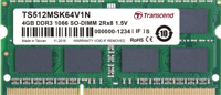 TS512MSK64V1N - Geheugen - DDR3 (SO-DIMM) - 4 GB: 1 x 4 GB - 204-PIN - 1066 MHz / PC3-8500 - CL7