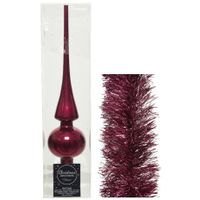 Kerstversiering glazen piek glans 26 cm en folieslingers pakket framboos roze van 3x stuks - thumbnail