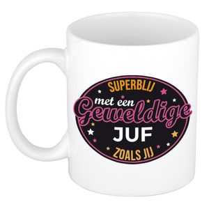 Superblij met juf kado mok / beker wit - bedankt / verjaardag cadeau