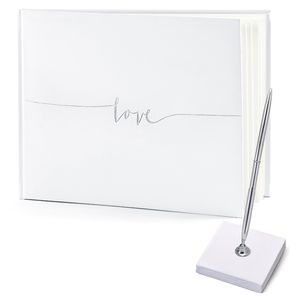 Gastenboek/receptieboek met luxe pen in houder - Bruiloft - wit/zilver - 24 x 18,5 cm