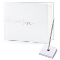 Gastenboek/receptieboek met luxe pen in houder - Bruiloft - wit/zilver - 24 x 18,5 cm