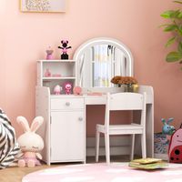 2-In-1 Make-Uptafel voor Kinderen Kaptafel met Kruk Led-Lechten/Spiegel/Kast/Lade Cosmeticatafel Make-Uptafel voor Kinderen 3+ Wit