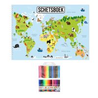 Schetsboek dieren wereldkaart A4 50 paginas met 50 viltstiften - thumbnail