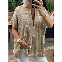 Dames Overhemd Blouse Sprankelend Pailletten Casual Weekend Elegant Vintage Modieus Lange mouw V-hals Zilver Lente Herfst Lightinthebox