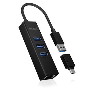 ICY BOX IB-HUB1419-LAN USB 3.0 Type-A+C zu 3x USB 3.0 und 1x Gigabit LAN, Aluminium USB 3.2 Gen 1-hub 4 poorten Zwart