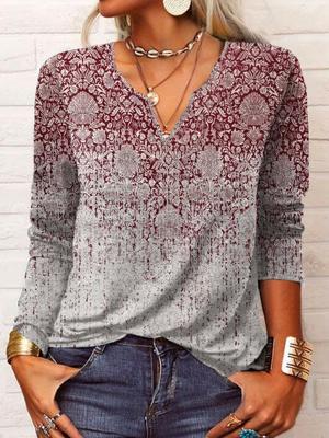 Ethnic Long Sleeve Notched Casual T-Shirt