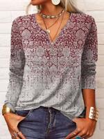 Ethnic Long Sleeve Notched Casual T-Shirt