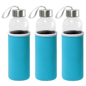 6x Stuks glazen waterfles/drinkfles met turquoise blauwe softshell bescherm hoes 520 ml