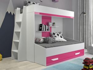 Stapelbed PAREO 90x200 cm wit/hoogglans roze met ladder aan de linkerzijde