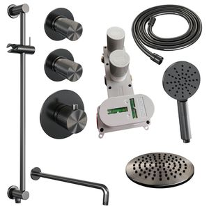 Regendoucheset Inbouw Brauer Gunmetal Carving Thermostatisch 20 cm met Gebogen Wandarm, Glijstang en Handdouche 3-Standen Losse Stopkranen Geborsteld