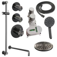 Regendoucheset Inbouw Brauer Gunmetal Carving Thermostatisch 20 cm met Gebogen Wandarm, Glijstang en Handdouche 3-Standen Losse Stopkranen Geborsteld - thumbnail