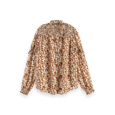 Scotch & Soda semi-transparante blouse met all over print en ruches ecru/donkerrood