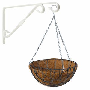 Hanging basket 30 cm met klassieke muurhaak wit en kokos inlegvel - metaal - complete hangmand set