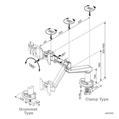 ROLINE LCD arm, tafelbevestiging, gasveer, 5 draaipunten