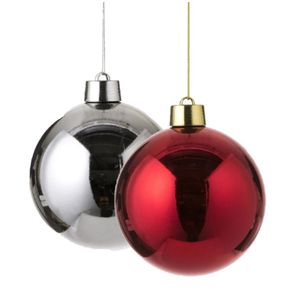 Kerstversieringen set van 2x grote kunststof kerstballen rood en zilver 20 cm glans