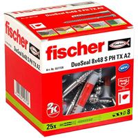 fischer DuoSeal 8 x 48 nylon pluggen met rvs schroeven, de waterdichte plug voor het gebruik in natte en sanitaire ruimtes zoals badkamers, keukens, zonder gebruik van extra afdichtmiddel, 50 stuks.