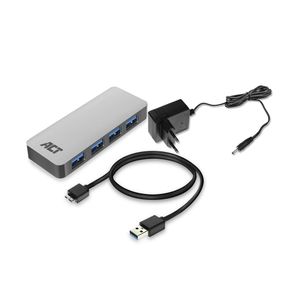 ACT USB-A Hub met stroomadapter, aantal poorten: 4x USB A female, kabellengte 0.50m, aluminium behui