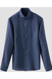 ETON Slim Fit Linnen Overhemd donkerblauw, Effen