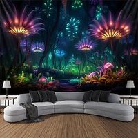 blacklight tapijt uv reactieve glow in the dark griezelige bloemen trippy misty natuur landschap hangend tapijt muur kunst muurschildering voor woonkamer slaapkamer Lightinthebox - thumbnail