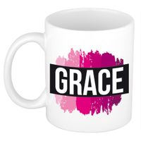 Naam cadeau mok / beker Grace met roze verfstrepen 300 ml - thumbnail