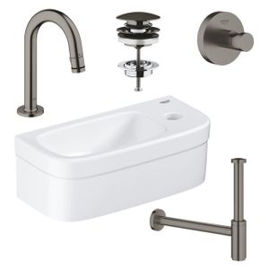 GROHE Euro fonteinset 37x18cm 1 kraangat zonder overloop gebogen brushed hard graphite kraan sifon afvoerplug handdoekhaak fontein Rechthoek wit sw99001/sw197129/sw228381/sw422353/sw444387/