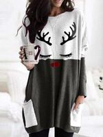 Vintage Long Sleeve Statement Elk Printed Paneled Casual Top - thumbnail