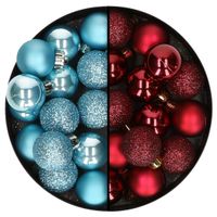 Kleine kerstballen - 28x st - donkerrood en ijsblauw - 3 cm - kunststof - thumbnail